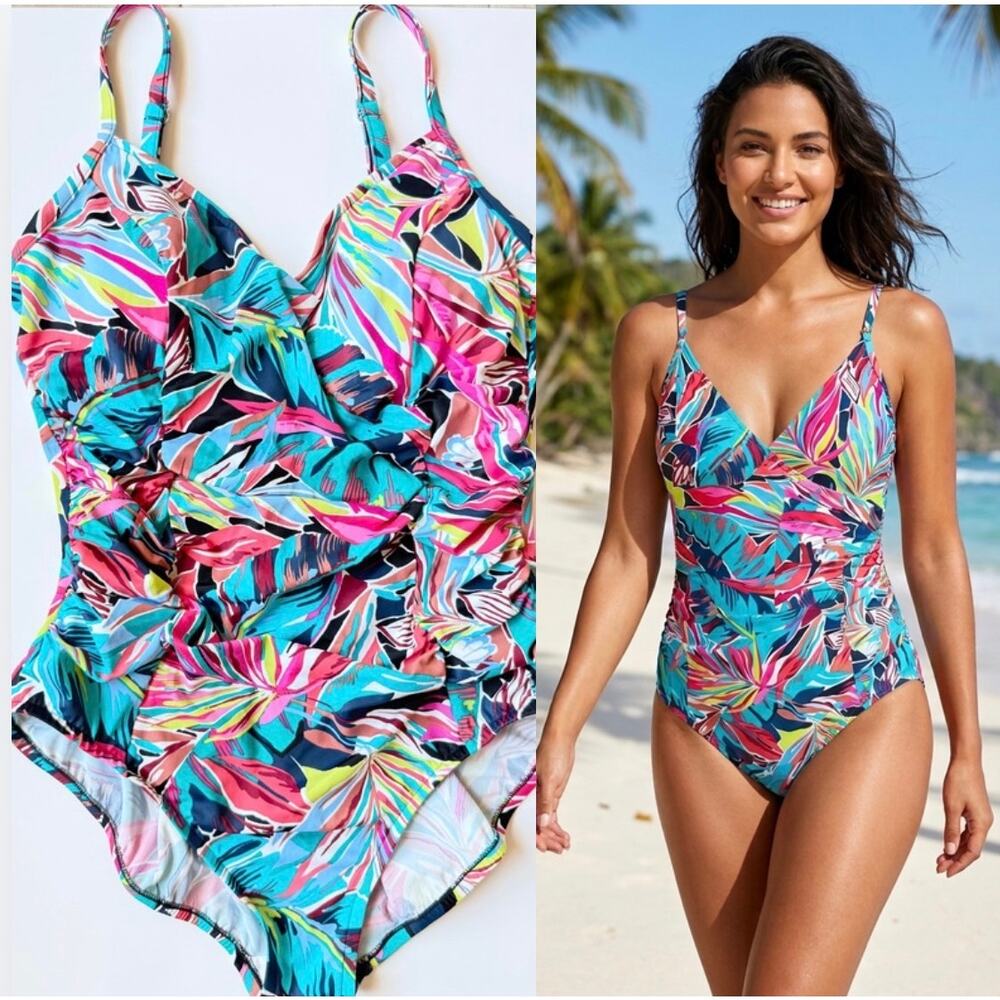 Aqua Green Tropical Floral Ruched Surplice One Piece Swimsuit XL
